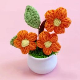 Decorative Flowers Finished Crocheted Flower Potting Artificial Knitting Bonsai Fake Plants Ornaments Home Living Room Desktop Decorations
