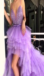Light Purple Spaghetti Prom Gowns High Low Tiered Ruffle Sleeveless Evening Dresses With Lace Applique Beaded Sweep Train Vestidos7024175