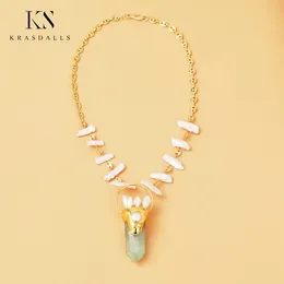 Pendant Necklaces Natural Green Fluorite Healing White Biwa Pearl Bead Gold Plated Necklace Wedding Jewellery Gift