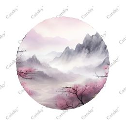 Mountain with Blossom Pattern Polyester Universal Spare Wheel Tyre Cover Wheel Covers for Trailer RV SUV Truck Camper