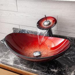 Wine Red Tempered Glass Bathroom Sink Ingot Hotel Countertop Washbasin Simple Balcony Toilet Balcony Art Basin With Accessories