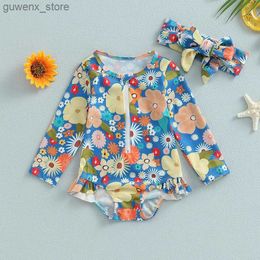 Endelar 9m-5t Baby Girl Swimsuit Summer Floral Print långärmad dragkedja Jumpsuit och pannbandstrandkläder Bikini Swimsuit Y240412