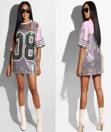 Casual Dresses Women Performance Costumes Cheerleaders Loose Oversized Causal 08 Letter Shift Sequin T Shirt Mini Dress HipHop Lo1004245