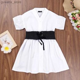 Girl's Dresses New Dress White Short Sleeve Black Belted Dress Casual Stylish Girls Vacation Holiday Clothes Kids Clothes Dress Y240412