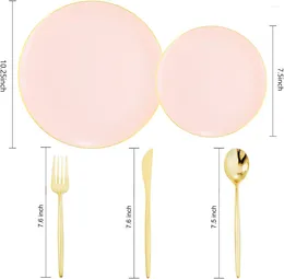 Disposable Dinnerware 150Pcs Pink Plastic Plates Heavy Duty Gold Rimmed With Silverware For 30 Guests
