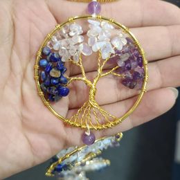 Decorative Figurines 1pc Natural Crystals Seven Colour Gravel Stone Hanging Reiki Pendants Tree Of Life Hand-Woven Ornaments Home Decoration