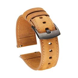 20 22mm Quick Release Crazy Horse Matte Leather Watch Strap Soft Waterproof Black Silver Buckle Belt Watch Accessories with Tool