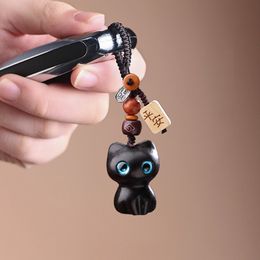 Lucky Cat Pendant Sandalwood Key Chain Hand-woven Car Key Charms Mobile Phone Ring Short Lanyard Chinese Style Pendant