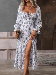 Casual Dresses Fashion Long Sleeve Dress Shoelace Backless Low-Cut Flowers