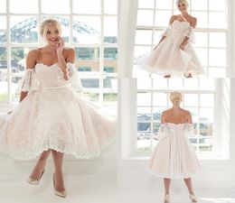 Modest Ball Gown House Of Mooshki Wedding Gowns Off Shoulder Short Sleeve Tulle Lace Applique Sash Wedding Dresses Knee Length Bri8843249