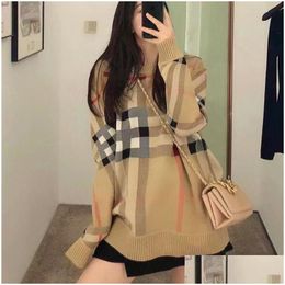 Women'S Sweaters Sweater Womens Autumn Round Neck Striped Fashion Long Sleeve Women High End Jacquard Cardigan Knitting Coats S-Xl Dr Dhqxl