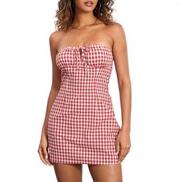 Casual Dresses Ladies Sexy Red Plaid Tube Strapless Short Dress 2024 Summer Women's Off-Shoulder Backless Tie-up Slim A-Line