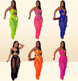 Adogirl Fluorescence Color Fashion Printed Swimsuit Mesh Two Piece Set Hollow Out Spaghetti Straps Bodysuit Swimwear8422435
