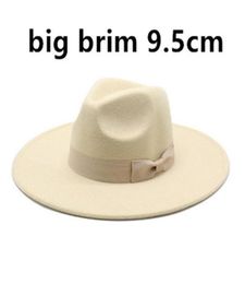 9 5cm Large Brim Wool Felt Fedora Hats With Bow Belts Women Men Big Simple Classic Jazz Caps Solid Colour Formal Dress Church Cap298687465