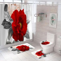 Shower Curtains 4pcs 3D Red Rose Bathroom Non-slip Mat Set Durable Waterproof Curtain Sets Pedestal Rug Lid Toilet Cover Bath Rugs