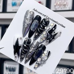 Handmade Y2k Press on Nails Long Almond Punk Luxury Star Reusable Adhesive False Black Full Cover Nail Tips Art 240328
