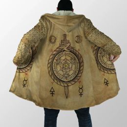 Alchemy Symbol Viking Tattoo Overcoat Coat 3D Print Thick Warm Hooded Cloak Men Windproof Fleece Unisex Casual-5
