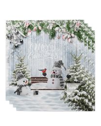 Christmas Snowman Holly Berries Table Napkins Cloth Set Handkerchief Wedding Party Placemat Xmas Banquet Tea Napkins