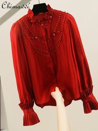 Women's Blouses Korean Fashion Heavy Beaded Stand Collar Pleated Bell Sleeve Elegant Shirt 2024 Spring Loose Long Blouse Tops