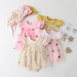 Baby Rompers Kids Clothes Infants Jumpsuit Summer Thin Newborn Kid Clothing With Hat Pink Yellow Mesh plaid triangle climbing suit 10D0#