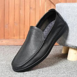 Casual Shoes Vintage Men's Genuine Leather Hollowed Summer Breathable Soft Soles Loafers Handmade Luxury Sewing Flats