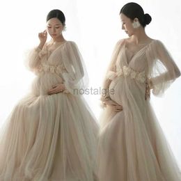 Maternity Dresses Womens Champagne Maternity Photo Shoot V-Neck Long Sleeves Tulle Floral Pregnant Photography Props Long Mesh Maxi Dress 24412