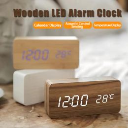 Digital LED Wooden Alarm Clock, Table Watch with Temperature, Voice Control, Snooze Electronic Desk Clocks, USB, AAA Powered