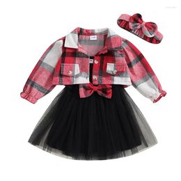 Clothing Sets Autumn Infant Baby Girls Fall Outfits Sleeveless Tulle Dress Plaid Coat Headband Set Spring Clothes