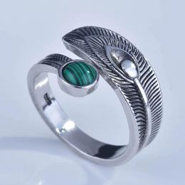 Cluster Rings 925 Sterling Silver Open Finger Ring Green Stone Vintage Feather Peacock Punk For Women Girl Jewelry Gift Dropship Wholesale