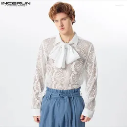 Men's Casual Shirts Fashion Style Tops INCERUN 2024 Mens Lace Ribbon Design Sexy Handsome Male Mesh Thin Long Sleeved Blouse S-5XL