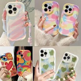 Curly Wave Edge Cream Heart Wrist Chain Case for Infinix Smart 6 Plus 6 HD 7 Hot 20 30 12 9 Play 30I 20i Rainbow Soft Wave Cover