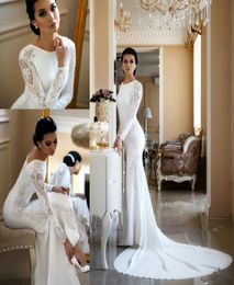 Modest Satin Mermaid Wedding Dresses Long Sleeves Lace Applique Beaded Sweep Train Boho Wedding Dress Bridal Gowns Plus Size7356416