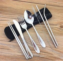 Drinking Straws Portable Flatware Set Reusable Stainless Steel Fork Knife Spoon Chopsticks Juice Straw And Cleaning Brush SN2358