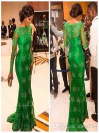 Elegant Emerald Green Lace Mermaid Prom Dresses With Long Sleeves Sheer Neck Trumpet Celebrity Red Carpet Miss Nigeria Evening For4096874