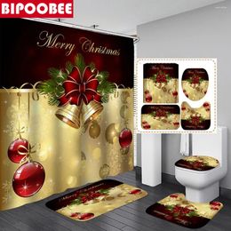 Shower Curtains Xmas Ring Bell Curtain Set Waterproof Fabric Bathroom Merry Christmas Toilet Lid Cover Bath Mat And Non-Slip Rug