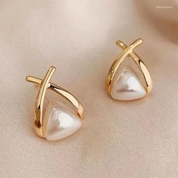 Stud Earrings Huitan Chic Cross Imitation Pearl For Women Gold Color Simple Stylish Daily Wear Temperament Jewelry