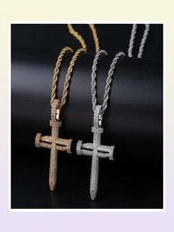 hip hop nail cross diamonds pendant necklaces for men luxury crystal pendants copper zircons 18k gold platinum plated lovers chain1899200