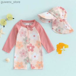 One-Pieces 3M-3T Toddler Beach Swimsuit Long Sleeved Flower/Tropical Tree Print Round Neck Zippered Long Sleeved Swimsuit With Hat Y240412