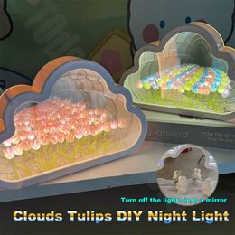 Cloud Mirror Tulip Lamp DIY Night Light Girl Bedroom Ornaments Creative Photo Frame Mirror Table Lamps Bedside Handmade Birthday