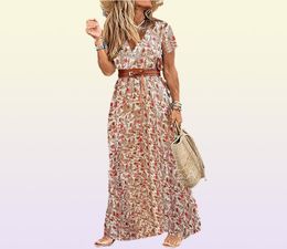 Womens Long Dress Summer Vneck Boho Belted Maxi Dress Casual Sexy Party Dress Ladies Bohemian Beach Holiday Sundress5487816