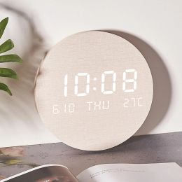 LED Creative Wall Clock Temperature Display Wooden Simple Nordic Style Living Room Bedroom Silent Clock 12/24 Hour Plug in Use