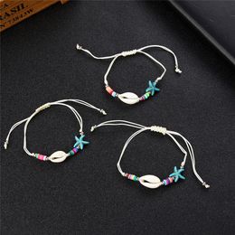 Boho 12pcs/lot Women Shell Starfish Charms Bracelet Set Braided Adjustable Rope Chain Handmade Soft Clay Anklet Beach Jewelry