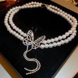 Choker Double Layer Rhinestone Butterfly Pearl Necklace For Women French Light Luxury Sweet Fashion Simple Jewellery