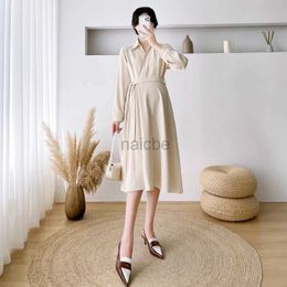 Maternity Dresses Autumn Maternity Dress Formal Long Sleeve Turn-down Collar V-neck Pregnant Woman Pleated Dress Elegant Pregnancy Dress with Belt 240412