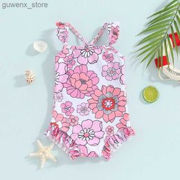 One-Pieces Little Girl Toddler Floral Camisole Swimsuit with Floral Print Strap Beachwear SlEEveless Ruffled Summer Beach Swimsuit Y240412