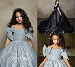 Pentelei 2019 Ball Gown Flower Girl Dresses For Wedding Sequined Off The Shoulder Bow Sweep Train Girls Pageant Dresses Custom Mad2317054