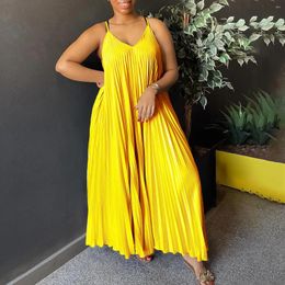 Casual Dresses Women's Summer Sling Gold Dress Pleated Long Sexy Fashion A- Line African Beach Travel Clothes 2024 Trend
