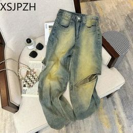 Women's Jeans Xsjpzh 2024 Spring Hollow Out Broken Hole Design Women Straight Leg Loose Wide Fashion Versatile Casual Trousers