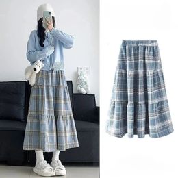 Blue Cake Skirt Womens Autumn and Winter High Waisted Kawaii Fashion Aline Japanese Retro Medium Length Plaid 240329