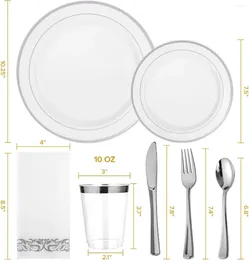 Disposable Dinnerware 350pcs Silver Set For 50 Guests Rimmed Plastic Plates Heavy Duty Including Dinner Plate